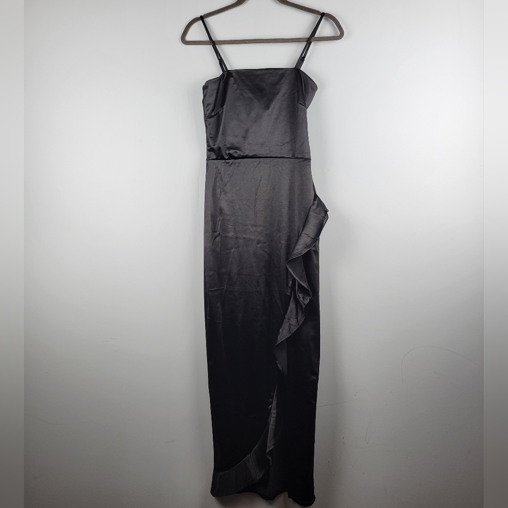 LIZ & SARA Black Satin Dress M Ruffle Skinny Adjustable‎ Straps Long